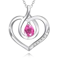 AGVANA Love Heart Birthstone Necklace Jewellery, 925 Sterling Silver Handmade Cubic Zirconia Pendant Mother's Day Birthday Anniversary Jewellery Gifts for Her Girlfriend Mum Wife, Chain Length 40+5 cm