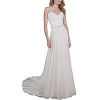 Sweetheart Simple Elegant with Beaded Sash Long Tulle Lace Wedding Dress