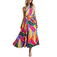 BLENCOT Womens Casual Summer Sleeveless One Shoulder Dress Floral Print Waist Tie Midi Long Flowy Dresses