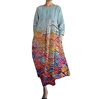 Women's Summer Casual Boho Dress Floral Print Maxi Beach Dresses V Neck Long Sleeve Loose Fashion Spring Flowy Dress