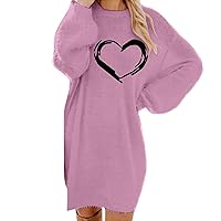 Cyber Fall Monday Deals 2024 Women's Lantern Sleeve Plush Sweater Dress Loose Heart Pattern Print Dresses Trendy Fuzzy Knit Long Sleeve Dress Vestido Largo De Punto