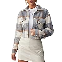 Womens Crop Plaid Shacket Flannel Casual Button Down Long Sleeve Shirt Jackets Coat with Pocket