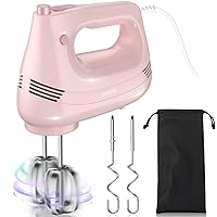 Electric Hand Mixer with Stainless Steel Whisk, Dough Hook Attachment and Storage Bag, Handheld Mixer for Baking Cakes, Eggs, Cream Food Mixers. Turbo Boost /5 Speed Kitchen Blender PINK