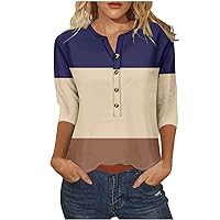 Women's Color Block 3/4 Sleeve Tops Summer Casual Button V Neck Blouse Ladies Three Quarter Length Sleeve T-Shirt