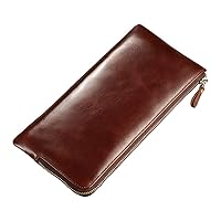 JIUFENG Men's Business Clutch Genuine Leather Zipper Wallet Card Holder Coins Pouches Cell Phone Bag Checkbook Organizer (Coffee)