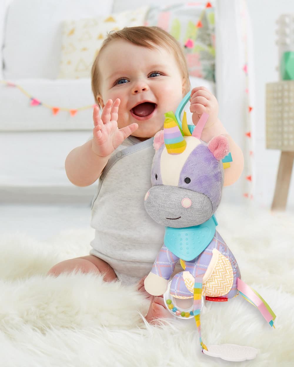 Skip Hop Bandana Buddies Baby Activity and Teething Toy with Multi-Sensory Rattle and Textures, Unicorn