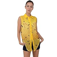 CowCow Womens Summer Top Pattern of The Bee on Honeycombs Sleeveless Chiffon Button Shirt