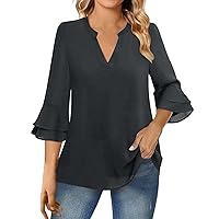 Womens Casual Tops 3/4 Cuffed Sleeve Chiffon Solid Color Tops V Neck Casual Blouse Shirt Tops Polo Shirts for Women