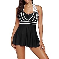 AONTUS Women's Sweatheart Neck Color Block Ruched Tankini and Skirted Swimsuit