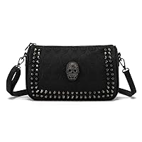 KUANG! Black Dark Punk Style Shoulder Bag Pu Leather Wristlets Clutch Purse Fashion Skull Rivets Handbags