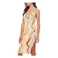 Womens Yellow Twist Front Slitted Jersey Knit Adjustable Straps Printed Spaghetti Strap V Neck Midi Party Sheath Dress Juniors L