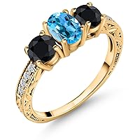 Gem Stone King 2.50 Ct Oval Swiss Blue Topaz Black Sapphire 18K Yellow Gold Plated Silver Ring