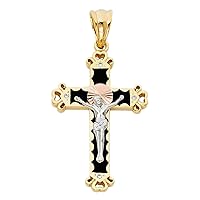 Solid 14k Yellow White Rose Gold CZ Crucifix Pendant Jesus Cross Charm Black Religious Fancy 25 x 37 mm