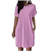Short Sleeve T Shirt Dress with Pockets Women 2024 Summer Casual Loose Fit Knee Length Crewneck Dresses B-Pink