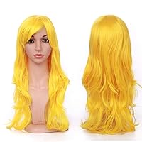23 Inch Long Yellow Anime Cosplay Wig Synthetic Hair Curly Wavy Full Wigs with Bangs for Women Girls Lady Fashion and Beauty Japanese Heat Resistant Fiber