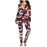 Women's Jumpsuits, Rompers & Overalls, Women Vacation Outfits Jumpsuits for Summer Outfits Ladies Casual Long-Sleeved Printing Detachable Button Flap Adult Pajamas One-Piece (XL, Wine)