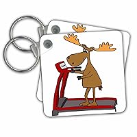 3dRose Key Chains Funny Cute Moose using Treadmill Exercise Cartoon (kc-263933-1)