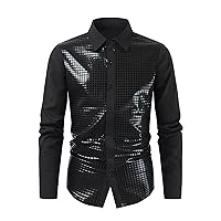 Men's Disco Sequins Shirt Sparkle Sequins Long Sleeve Button Down Blouse 70s Club Party Costume Dress Shirts Tops