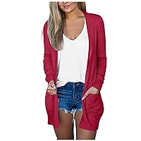 Women's Open Front Lightweight Knit Kimono Cardigans Solid Color/Tie Dye/Floral/Plaid Printed Boho Boyfriend Casual Long Sleeve Sweater Outwear Coat with Pockets(A Red 5XL)