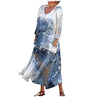 Spring Dresses for Women 2024 Printed 3/4 Sleeve Dresses with Pocket Lightweight Flowy Dress Swing Casual Beach Dress