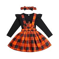 Toddler Baby Girl Halloween Outfit Ruffle Long Sleeve Pumpkin T-shirt Top Suspender Skirt Headband 3Pcs Set (4-5T,Black Plaid)