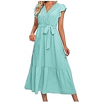 Women Swiss Dots Lace V Neck Wrap Belted A-Line Dress Fashion Frill Sleeve Ruffle Hem Summer Loose Solid Mid Dress