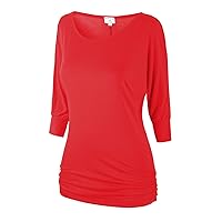 Match Women's Solid 3/4 Sleeve Crewneck T-Shirts Tops with Side Shirring