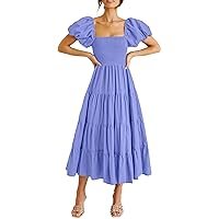 PRETTYGARDEN Women's Casual Summer Midi Dress Puffy Short Sleeve Square Neck Smocked Tiered Ruffle Dresses