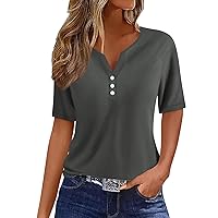Womens Tops Henley V Neck Button Down Short Sleeve Printed T Shirts 2024 Summer Trendy Oversized Bohemia Blouse