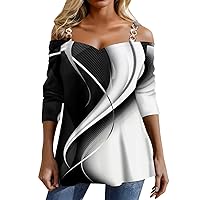Going Out Top for Women Sweetheart Neckline Chain Sling Blouses Cold Shoulder Printed Shirt Casual Stylish T Shirt