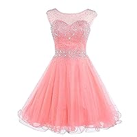 VeraQueen Women's A Line Beaded Homecoming Dress Short Tulle Sleeveless Cocktail Gown