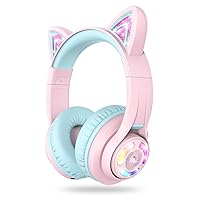 iClever Cat Ear Kids Bluetooth Headphones, LED Lights Up, 74/85/94dB Volume Limited, 50H Playtime,Bluetooth 5.2, USB C, Kids Headphones Wireless for Travel iPad Tablet, Meow Macaron (Pink)