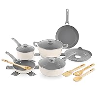 DASH Dream Green Nonstick Ceramic Cookware Set, 15 Piece, Cream - Recycled Aluminum and Ceramic, Nonstick Cookware Set, Oven Safe and Compatible with All Cooktops
