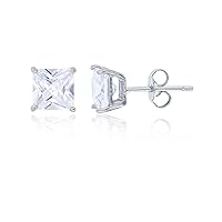 Sterling Silver 8mm AAA Cubic Zirconia Square Princess Solitaire Stud Earrings
