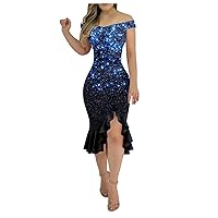 Off Shoulder Dress Ladies Sexy Irregular Hem Casual Backless Sequin Fashion Midi Loose A-Line Outdoor Ruffle Cocktail