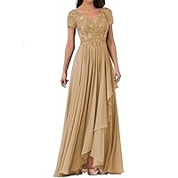 Mother of The Bride Groom Dresses with Short Sleeves Lace Chiffon Wedding Guest Dress Evening Gowns with Pockets R015