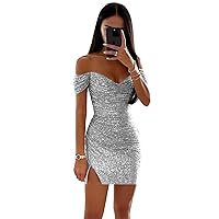 Off Shoulder Sequin Homecoming Dresses for Teens&Juniors Sparkly Short Prom Cocktail Gowns with Slit U017