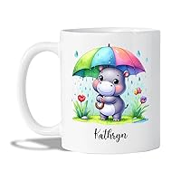 Personalized Hippo Ceramic Mug With Name, Hippopotamus Mugs, Floral Hippo Coffee Mug Gifts For Girl Animal Lovers, Custom Hippo Animal Mug 11Oz 15Oz, Hippo Under Umbrella Cup, Animal Travel Tea Cup