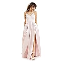 B Darlin Womens Pink Slitted Pocketed Satin Spaghetti Strap V Neck Full-Length Fit + Flare Prom Dress Juniors 9