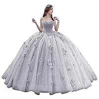 Women's Sweetheart Princess Quinceanera Dresses Floral Gliter Beaded Prom Dress Ball Gown