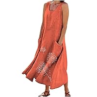 Plue Size Cotton Tank Dress Women Funny Dandelion Print Sleeveless Beach Dress Summer Casual Long Sundress Pockets