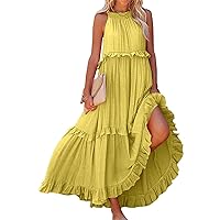 Oversized Beach Sleeveless Dresses Womans Sexy Summers Fit Polyester Tunic Dress for Women Coloured Flounce Yellow M
