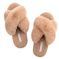 ULTRAIDEAS Women's Fuzzy Cross Band House Slippers with Cozy Faux Fur, Ladies Open Toe Indoor Outdoor Slip on Slippers