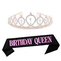 Birthday Queen Pink Tiara and Black Sash Princess Crown Happy Birthday Party Supplies for 5th 6th 7th 8th 10th 12th 13th 15th 16th 18th 20th 21st 30th 40th 50th Birthday Party Decorations