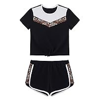 Kids Girls Classic Plaid Short Sleeve Tank Top with Active Bottoms Gym/Yoga/Dance Set