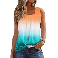AIMITAG Color Block Ruffled Square Collar Tank Top Women Striped Tank Tee Summer Casual Loose Fit Sleeveless Shirt