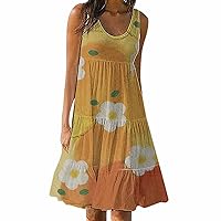 Women's 2024 Summer Sleeveless Dress Floral Boho Smocked Tiered Flowy Dress Flower Ruffle Casual Beach Dress Vacation