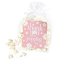 Daisy 1st Birthday Stickers for Popcorn Bags, Thank You for Popping by Pink Party Favor Bag Labels - 32 Count
