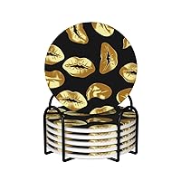 Cemicra Coasters with Metal Holder Drink Coasters Set of 6 Gold Lips Cemicra Coaster for Drinks Tabletop Protection Cup Mat Pad for Home and Kitchen Coaster Set for Home Decor