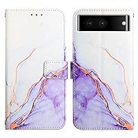 Compatible with Google Pixel 7 Phone Case Marble Leather Wallet Flip Cases Cover with Credit Card Holder for Women White Purple with Wrist Strap